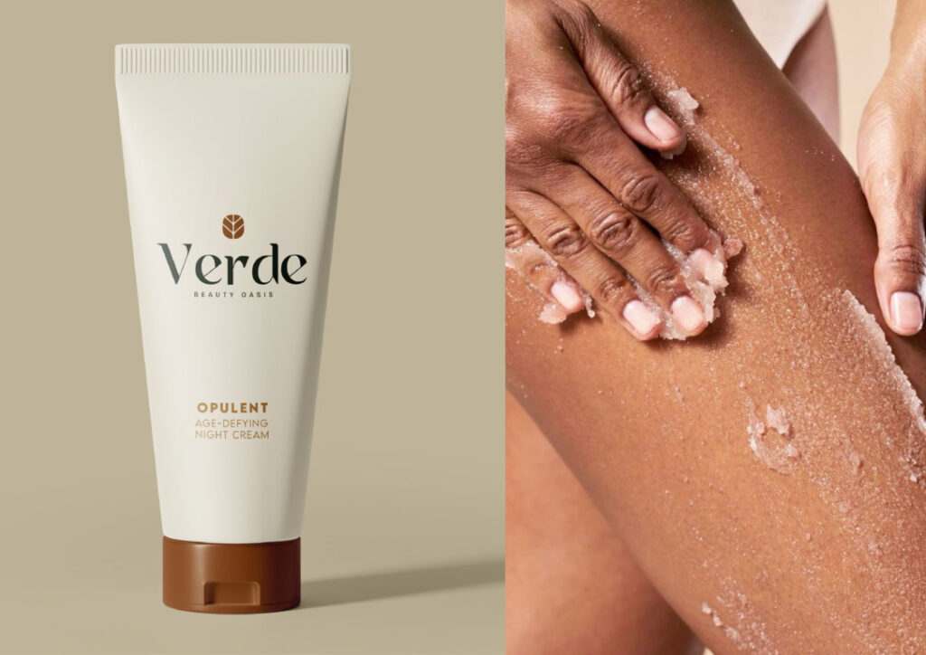 Tube Skin care and a lady rubbing her leg packaging design for the Verde Beauty Oasis project by Fajoby David